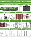 Cordless Rotary Tool with 119 Accessories, includes tool box, keyless chuck, flex shaft, and assorted sanding and cutting bits.