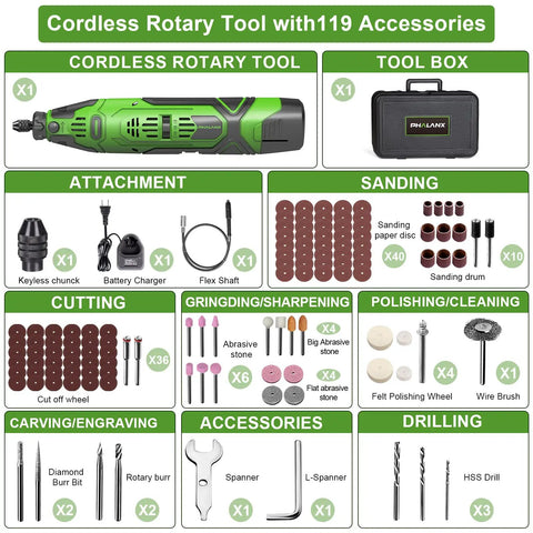 Cordless Rotary Tool with 119 Accessories, includes tool box, keyless chuck, flex shaft, and assorted sanding and cutting bits.