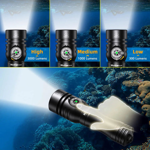 DL02 Scuba Dive Light Beast Mode Power 3000 Lumens 6500K Cool White Beam showing high, medium, low modes underwater