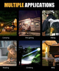 2 In 1 Rechargeable Camping Lantern And Flashlight With 6 Mode LED shown in various outdoor scenarios: camping, RV, hiking, reading, climbing, BBQ.