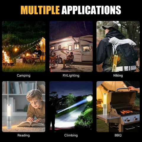 2 In 1 Rechargeable Camping Lantern And Flashlight With 6 Mode LED shown in various outdoor scenarios: camping, RV, hiking, reading, climbing, BBQ.