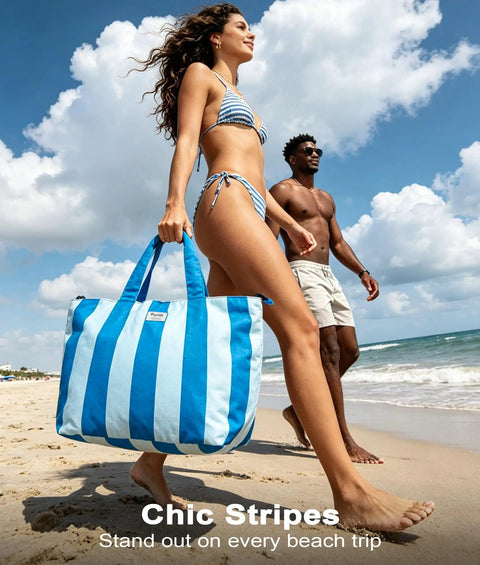 Woman at beach with Waterproof Sandproof Beach Tote For Women With Zipper XL Large Blue Bag Ultra Lightweight Under 1 Pound 50L