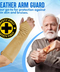 Heavy Duty Genuine Cowhide Arm Chaps And Rugged Protective Work Sleeves Built To Block Cuts Scratches And Bruises At Outdoor Jobs featuring tan leather arm guard worn by a man.
