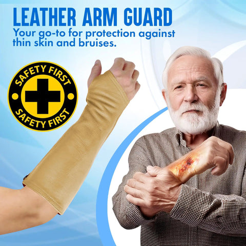 Heavy Duty Genuine Cowhide Arm Chaps And Rugged Protective Work Sleeves Built To Block Cuts Scratches And Bruises At Outdoor Jobs featuring tan leather arm guard worn by a man.