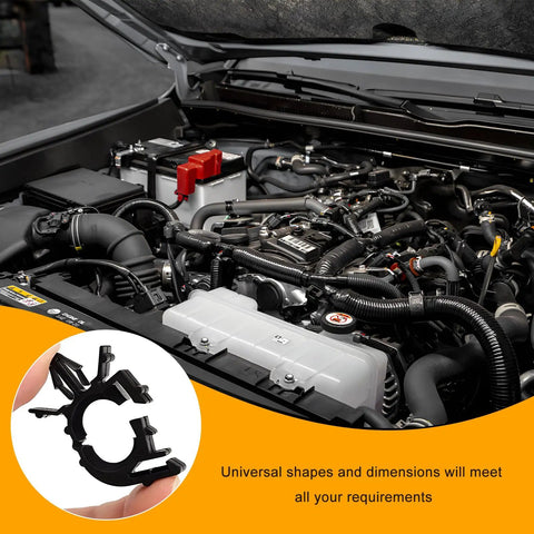 Engine bay with 60 Piece Car Wire Loom Routing Clips, Rugged Nylon Self Locking Straps for automotive harness routing replacement.