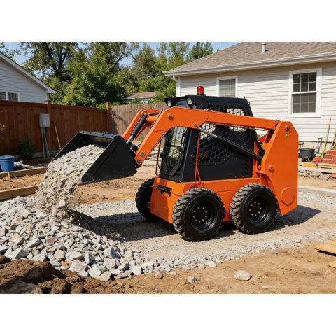 Compact Mini Track Skid Steer Loader Workhorse for construction work with gravel bucket attachment in a residential yard