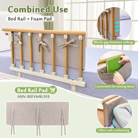 Bed Rail For Seniors And Elderly Safety - Under Mattress Bar with foam pad, side handle for fall prevention and storage pocket