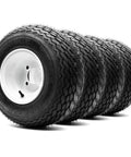 Sick Glossy White Steel Golf Cart Wheels And Durable Turf Replacement Tires Set Of Four close-up view with black tread pattern.