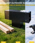 3-Way T-Shaped Pergola Brackets Kit for 6 by 6 inch lumber and drill on grass, showing durability in various weather conditions.