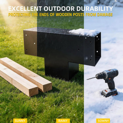 3-Way T-Shaped Pergola Brackets Kit for 6 by 6 inch lumber and drill on grass, showing durability in various weather conditions.