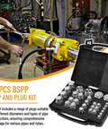 Heavy Duty BSPP Cap And Plug Kit For Hydraulic Systems, 56-Piece Galvanized Steel Fitting Set with open case in workshop