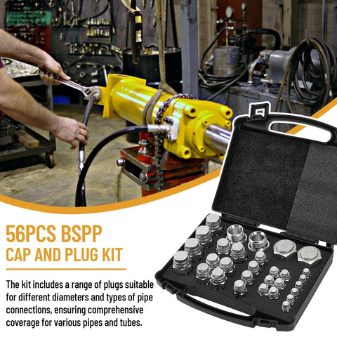 Heavy Duty BSPP Cap And Plug Kit For Hydraulic Systems, 56-Piece Galvanized Steel Fitting Set with open case in workshop