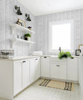 Gray and white striped peel and stick wallpaper in laundry room, featuring Striped Peel And Stick Wall Paper Grey And White Vinyl Self Adhesive Contact Paper For Bedroom Decor DIY Friendly No Mess Easy To Install Removable Modern Pattern Wall Cover 17.7 Inch By 197 Inch.