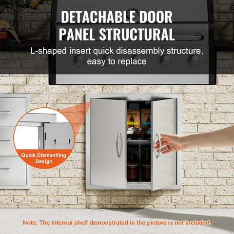 Double Door BBQ Access Door 24x24 Inch In Brushed Stainless Steel with detachable panel on outdoor kitchen brick wall