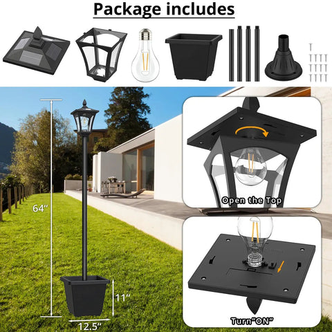 64 Inch Solar Lamp Post With Planter For Garden And Pathway, Waterproof Outdoor Lighting Poles For Lawn setup components