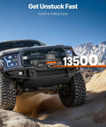 Heavy Duty 13500 Lbs Electric Winch For Off Road Recovery 12V DC Vehicle Winch With 3/8 In X 92 Ft Synthetic Rope mounted on off-road truck