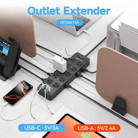 Power Strip With 20 AC Outlets And 6 USB Ports Heavy Duty Surge Protector 15 Amp 6ft Extension Cord 2700 Joules 120 to 240V Wide Voltage Perfect For Your Home Office Rig And Tech Setup on desk with laptop, phone, and tablet