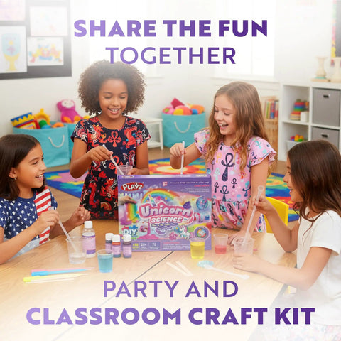 Children using Unicorn Slime And Crystals Science Kit For Kids Ages 8 To 12, Over 100 Cool Experiments, Glow In The Dark Fun