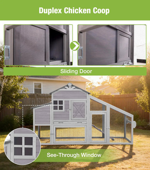 Mobile Chicken Coop With Run For Secure Poultry Housing On Wheels Nesting Box And Slide Out Tray Waterproof Roof Predator Proof Hen House For Backyard Farm Gray with sliding door and see-through window.