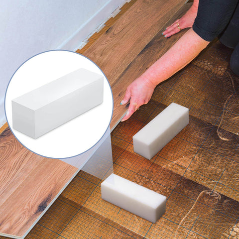 Installing wood flooring with UHMW Solid Plastic Block, White Polyethylene, 7.9 x 2.4 x 2.4 Inches, heavy duty tapping block tool.