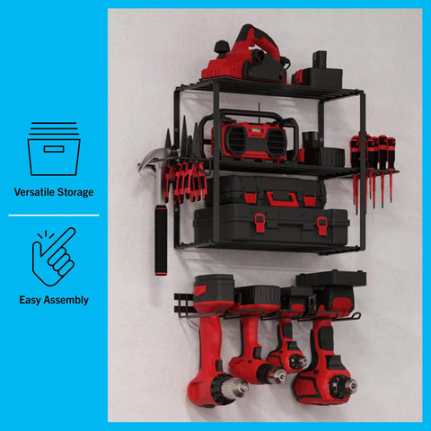 Power Tool Organizer Wall Mount Garage Shelf System, Heavy Duty 4 Tier Storage Rack With 140lb Capacity, tools displayed