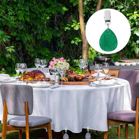 Outdoor table with white cloth secured by 12 Pack Marble Tablecloth Weights With Teardrop Metal Clips, Green Stone Table Cover Pendants