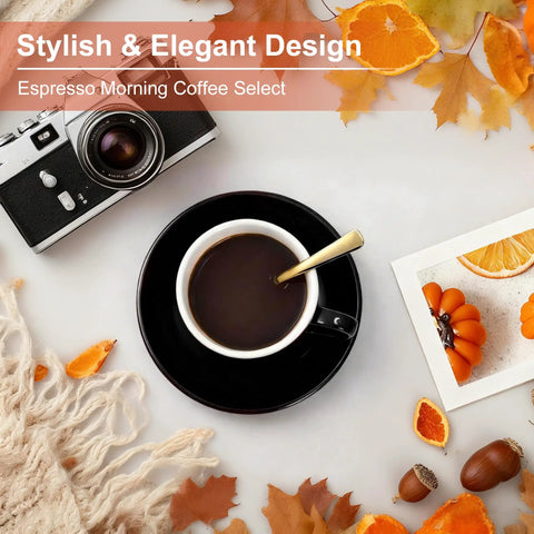Black coffee cup with golden spoon on table with autumn leaves, camera, and photos, promoting espresso morning coffee select.