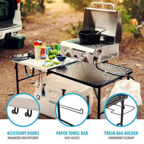 Folding Tailgate Table With Grill Rack For Outdoor Camping And Grilling, 5 Foot Portable Prep Station with accessories and grill