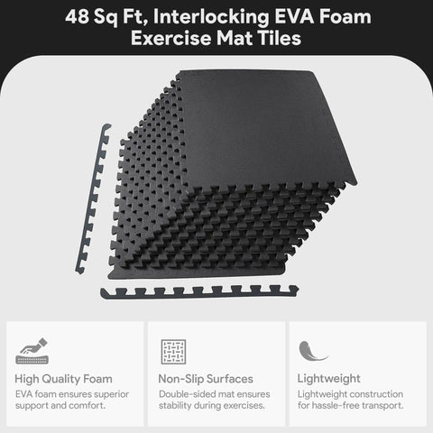 Stack of black interlocking EVA puzzle exercise mats, 24x24 inches, half inch thick, showing edge borders.