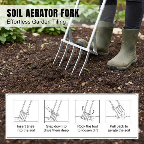 Gardener using 56 Inch 5-Tine Heavy Duty Broadfork With Rust-Resistant Steel Widened Foot Pedal And High-Strength All Steel Tines for soil aeration