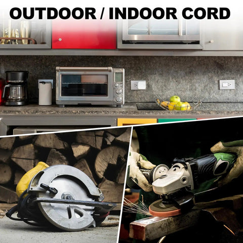10 Ft Outdoor Extension Cord With Three Outlets, Heavy Duty 16/3 SJTW Black Cable, used with appliances and power tools