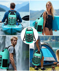 Adventure Ready 25L Roll Top Dry Bag Backpack Waterproof Dry Sack used for kayaking, surfing, hiking, camping in lake blue.