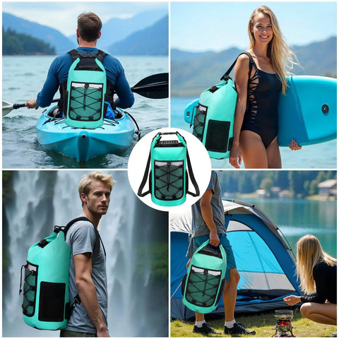 Adventure Ready 25L Roll Top Dry Bag Backpack Waterproof Dry Sack used for kayaking, surfing, hiking, camping in lake blue.
