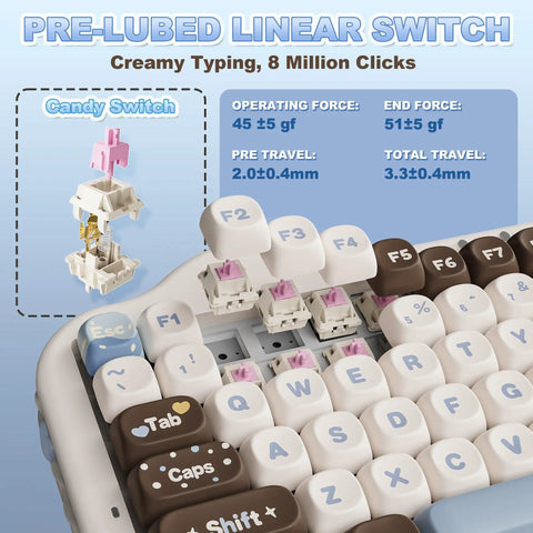 Killer 75 Percent Wireless Mechanical Keyboard With Cute Cake Theme And Compact Layout Featuring Smooth Choco And Candy Switches For A Sweet Gaming Setup And Dope Desk Vibes close-up of Candy Switch and typing keys.
