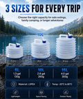 Three sizes of Ultra Compact Collapsible Water Container With Spigot For Camping And Travel 5L, 10L, 15L, on a mountain lake background.