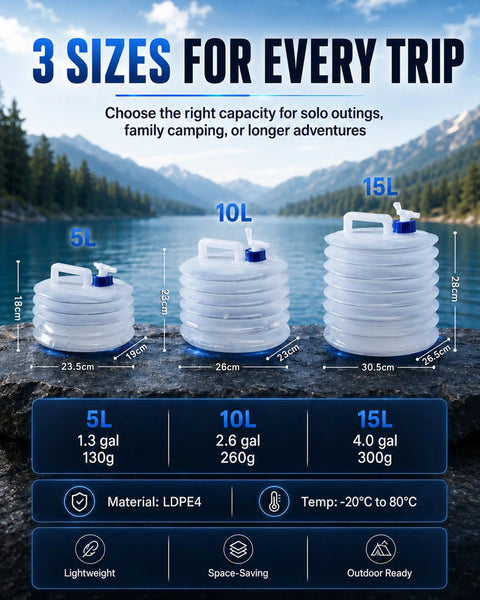 Three sizes of Ultra Compact Collapsible Water Container With Spigot For Camping And Travel 5L, 10L, 15L, on a mountain lake background.