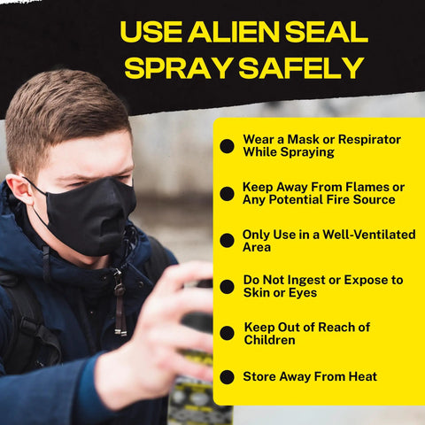 Person wearing a mask using spray with safety guidelines; related to Heavy Duty Liquid Sealant Spray Two Pack That Stops Leaks.