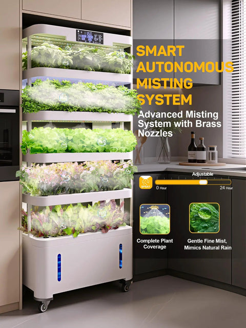 Massive Vertical Hydroponic Growing System With 148 Pod Indoor Garden Tower in kitchen with misting system
