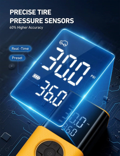 Cordless Tire Inflator With Digital Dual Display 150 PSI Portable Air Pump For Cars Bikes Motorcycles And Balls LED Light Anti Slip Silicone Protection showing digital pressure sensor reading