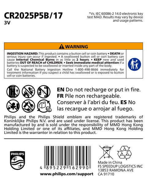 Warning label for Straight Up Reliable CR2025 3V Lithium Button Cell Battery 5 Pack detailing safety hazards and usage instructions.