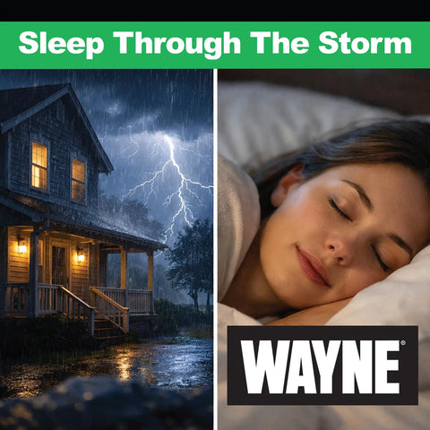 Image of a house in a storm at night and a person sleeping, illustrating the effectiveness of a One Third HP Submersible Sump Pump.