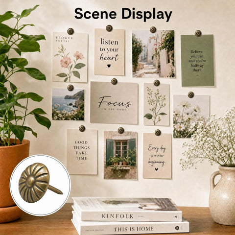 Antique Brass Decorative Upholstery Studs Featuring Classic Daisy Designs For Sofas Headboards And Woodwork Heavy Duty Furniture Nails in a scene display with framed prints.