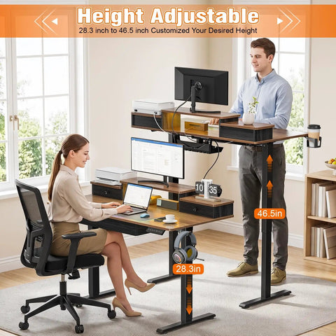 Gaming Stand Up Desk With Led Lights And Drawers Electric Lift Computer Table For Office Workstations Featuring Cable Management Rack For Clean Setup, showing adjustable height from 28.3 to 46.5 inches.