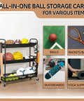 Heavy Duty Basketball Storage Rack With 3 Shelves And Rolling Wheels showcasing sports equipment organization.