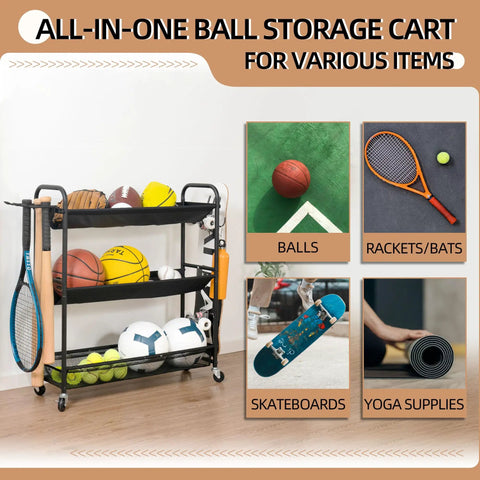 Heavy Duty Basketball Storage Rack With 3 Shelves And Rolling Wheels showcasing sports equipment organization.