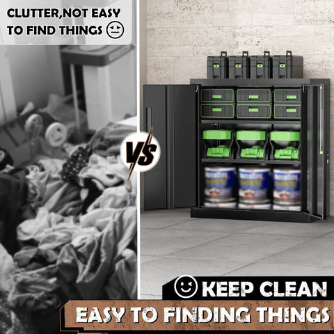 Comparison of clutter vs organized Locking Metal Storage Cabinet With Two Shelves And Locking Doors In Black Steel For Office Garage Or Home Tough And Ready Lockable Steel Cabinet With Dustproof Coating And Easy To Clean Surface