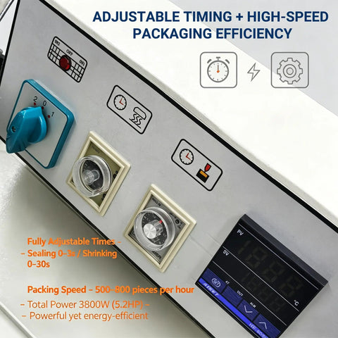 Game Changing Automatic Two In One Thermal Shrink Wrapping Machine With L Bar Sealer And Heat Tunnel control panel showing adjustable timing and speed settings.