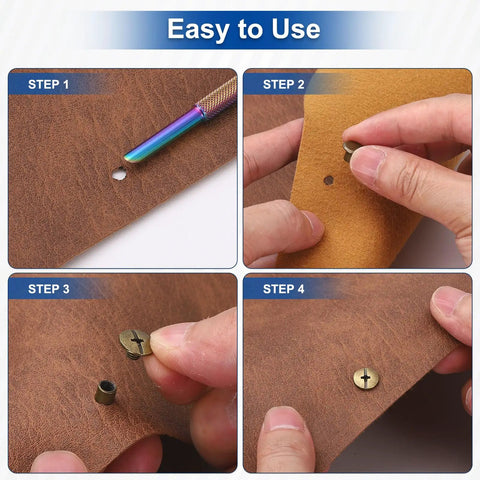 Hella Durable M5x22mm Chicago Screw Posts With Phillips Heads and Nail Rivet Studs for Leathercraft Projects 25 Piece Set shown in assembly steps.