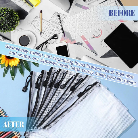 32 Pack Mesh Zipper Bags Set For Grab And Go Travel And Home Organization Waterproof Reusable Pouches In Black 9 By 7 Inch Perfect For Storing Swimwear Toys Lingerie Office Supplies And More showing organized office items with bags