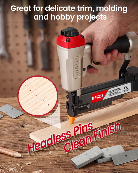 Pin Nailer Kit With The Workhorse 6000 Galvanized 23 Gauge Pins Ranging From One Half To One And Three Eighths Inches in use